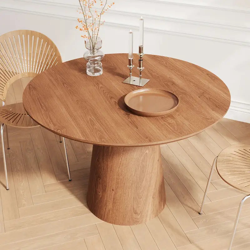Table de salle à manger ronde pour 4-6 personnes, en bois naturel avec pied conique en bois, style rustique minimaliste