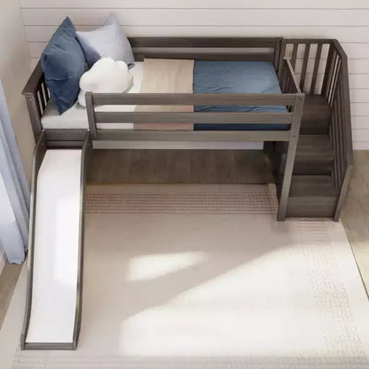 Lit mezzanine bas pour enfant, format jumeau, avec toboggan et escalier, plateforme de lit enfant en bois massif