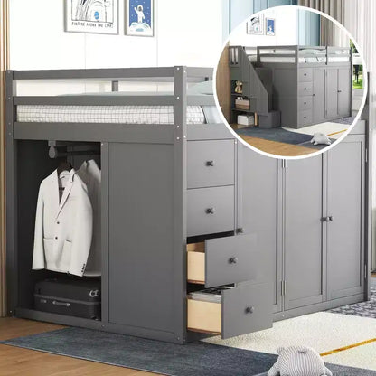 Letto a soppalco intero in pile orsetto con mensola portaoggetti e cassetti, letto a soppalco alto in legno con scrivania versatile per camera da letto