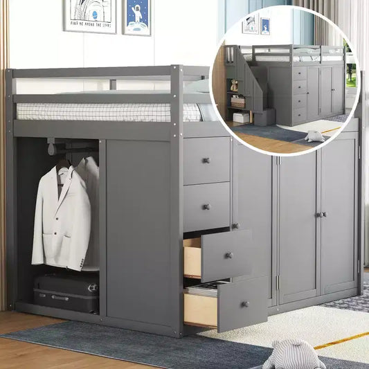 Letto a soppalco intero in pile orsetto con mensola portaoggetti e cassetti, letto a soppalco alto in legno con scrivania versatile per camera da letto