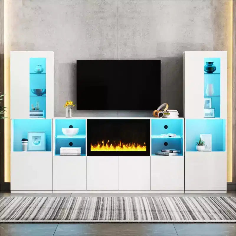 Meuble TV moderne avec lumières LED pour téléviseur de 75 pouces, table console multimédia avec étagères en verre trempé et foyer non chauffant