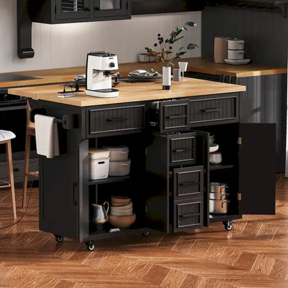 Isola per Cucina da 56,5 Pollici con Piano Ribaltabile e Stazione di Ricarica, Carrello da Cucina su Ruote con Cassetti e Ripiani Regolabili