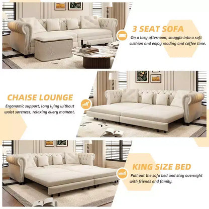 Canapé-lit gigogne 3-en-1 King Size Whisen Velvet et canapé convertible avec pouf mobile, design capitonné