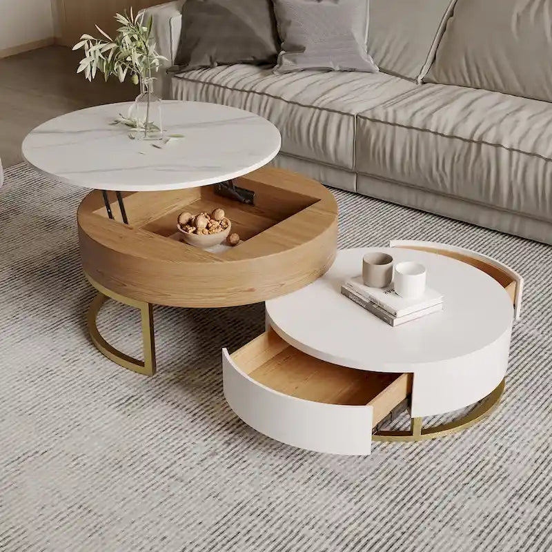 Table basse ronde blanche avec rangement, plateau relevable en bois, avec tiroirs rotatifs blanc naturel