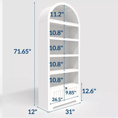 Bibliothèque arquée de 72 po avec tiroir de rangement, armoire de présentation moderne en bois à 6 niveaux avec étagères ouvertes et tiroir inférieur, porte d'armoire incurvée