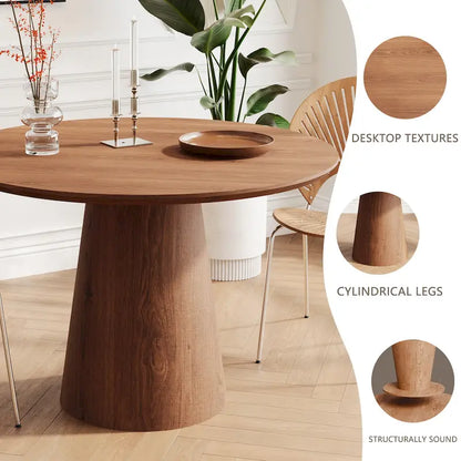 Table de salle à manger ronde pour 4-6 personnes, en bois naturel avec pied conique en bois, style rustique minimaliste