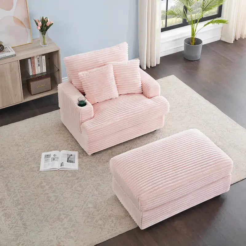 Divano Poltrona Singola in Velluto a Coste Rosa 39.37 con Pouf e Portabicchieri
