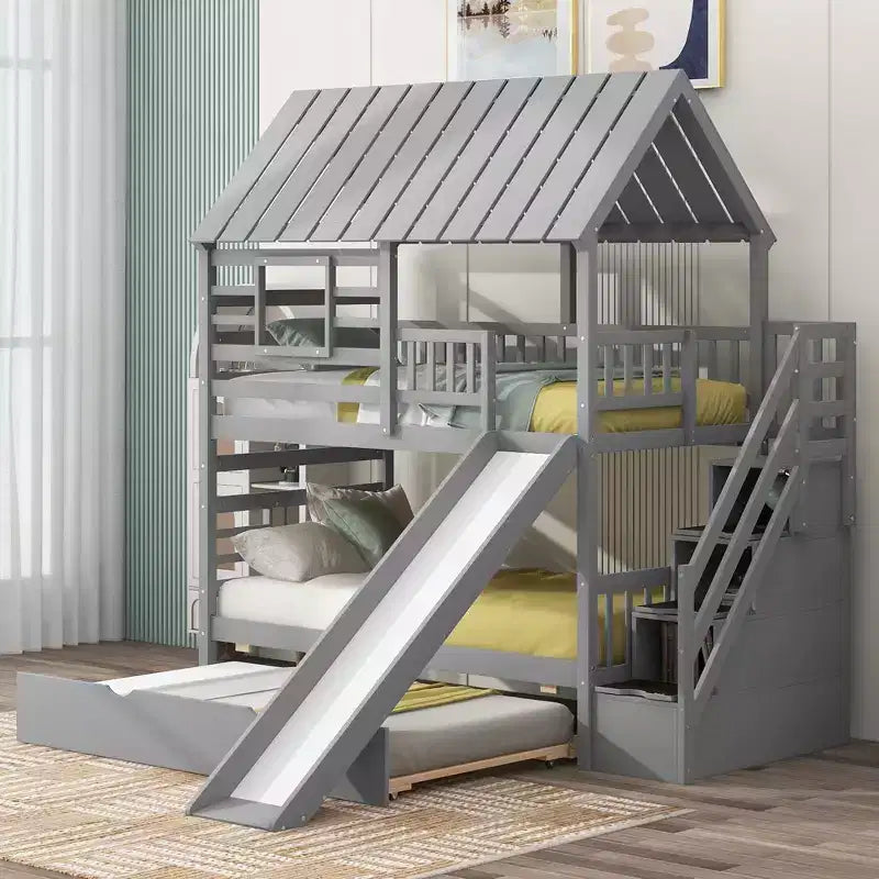 Letto a Castello Whisen Twin over Twin con Letto Estraibile e Scivolo, Scala Contenitore, Design Tetto e Finestra