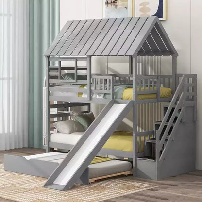 Letto a Castello Whisen Twin over Twin con Letto Estraibile e Scivolo, Scala Contenitore, Design Tetto e Finestra