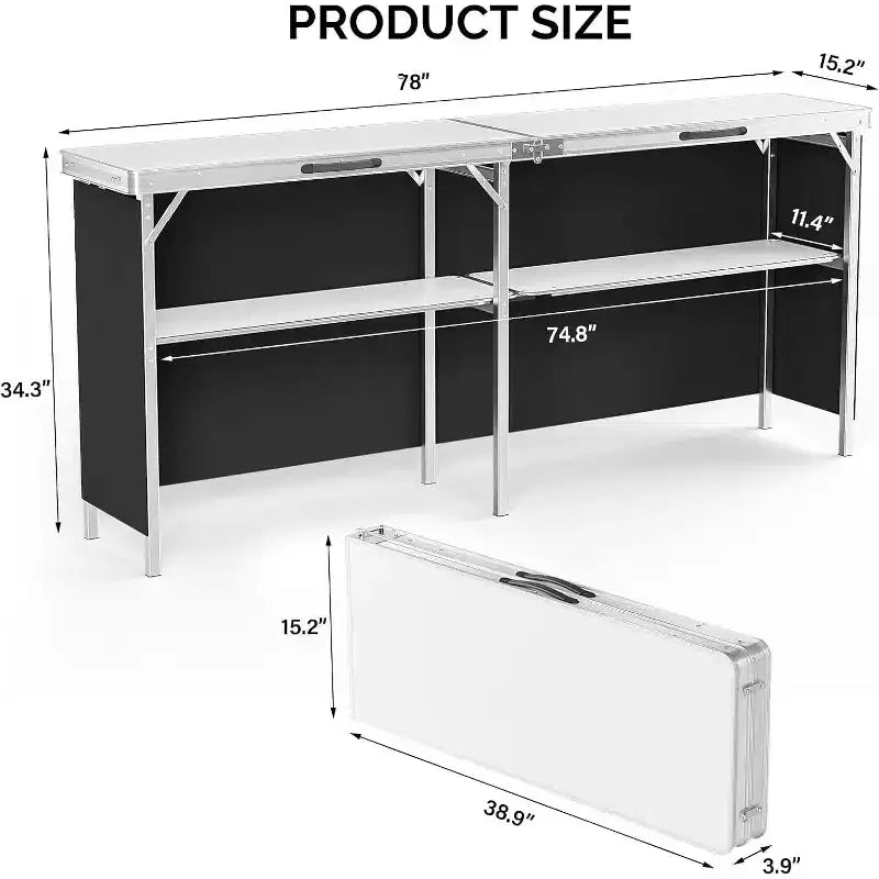 VINGLI Table de bar portable 78, 2 étagères, table de bar mobile pour événements, fêtes, camping, pique-niques, salons professionnels, intérieur avec jupe noire