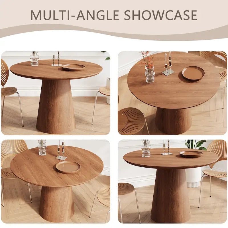 Table de salle à manger ronde pour 4-6 personnes, en bois naturel avec pied conique en bois, style rustique minimaliste