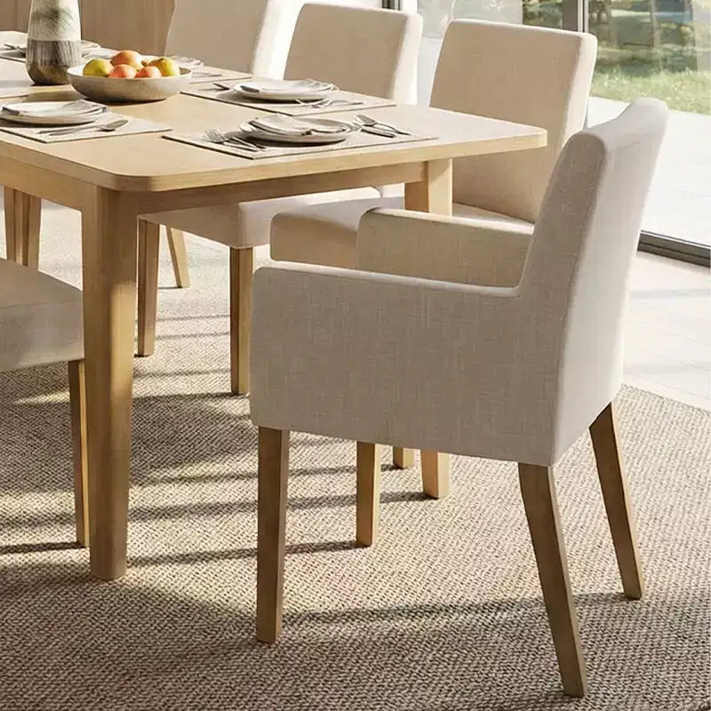 Set da pranzo da 9 pezzi con prolunga, include 6 sedie senza braccioli e 2 poltrone in lino neutro, gambe in legno massello, stile moderno-Panipeachy