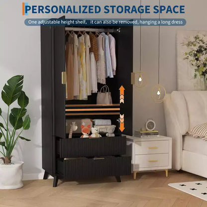 Armoire à portes cannelées, Armoire en bois de 71 pouces avec 2 portes, 2 tiroirs, étagère réglable et tringle de suspension, Armoire de rangement pour vêtements