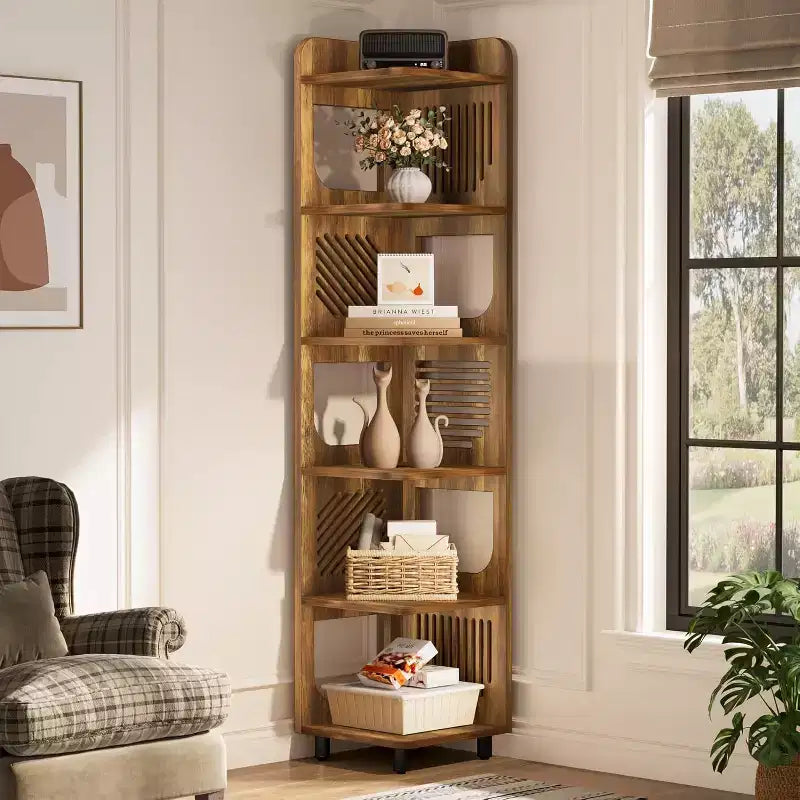 Étagère d'angle Lantine à 6 niveaux, bibliothèque haute rustique de 180 cm pour salon, chambre, bureau