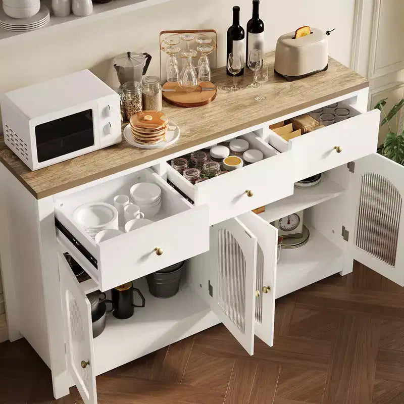 Credenza stretta da 140 cm con 3 cassetti e 4 ante per cucina, sala da pranzo, soggiorno