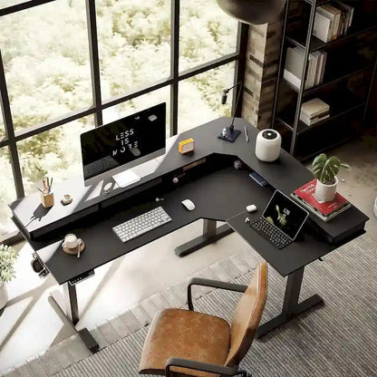Scrivania elettrica angolare ad altezza regolabile con 3 cassetti e ruote bloccabili, 160 cm