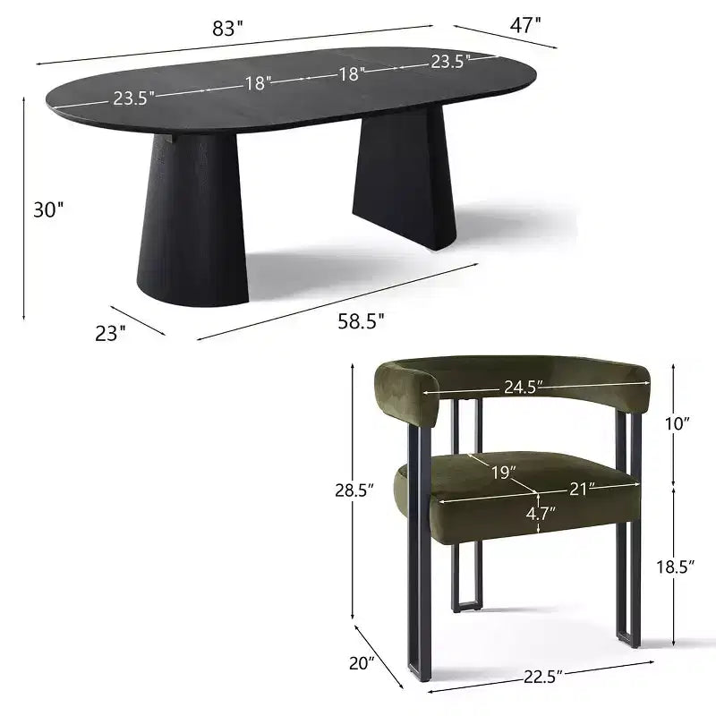 Set tavolo da pranzo allungabile da 120-210 cm per 4 persone, tavolo nero e 4 sedie da pranzo imbottite in velluto con gambe in metallo, stile moderno