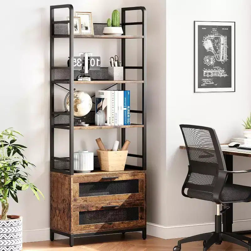 Étagère industrielle de 180 cm avec tiroirs, Bibliothèque rustique à 4 niveaux pour salon, chambre, bureau, marron
