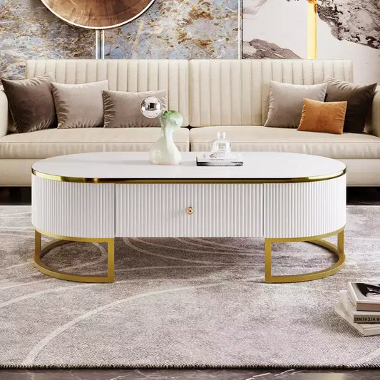 Tavolino da Caffè Moderno 47W, Tavolino da Salotto, Tavolino Centrotavola, Tavolino d'Appoggio con Cassetti, Design dal Profilo Curvo, Gambe in Metallo Dorato, Ovale, Bianco+Oro-ModernLuxe