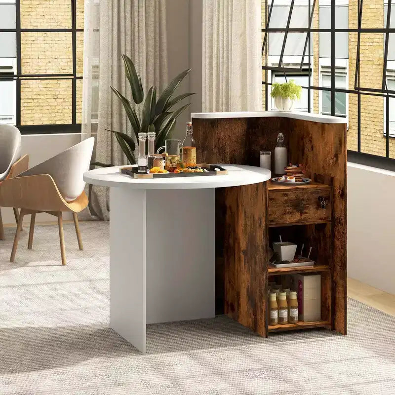 Costway Bancone per Reception, Scrivania da Ufficio con Ripiano Aperto e Cassetto con Serratura, Bianco/Marrone/Nero
