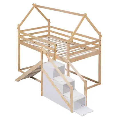 Lits superposés maison avec toboggan et escaliers de rangement, lit superposé double en bois avec toit et escaliers pour filles et garçons