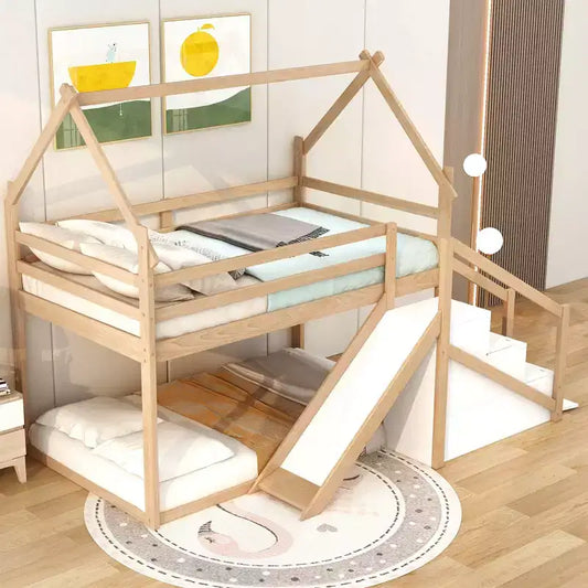 Letti a castello per la casa con scivolo e scale contenitore, letto a castello in legno con tetto e scale per bambine e bambini