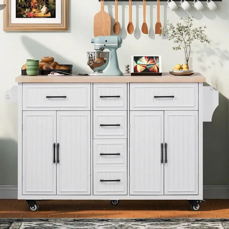 Isola per Cucina da 56,5 Pollici con Piano Ribaltabile e Stazione di Ricarica, Carrello da Cucina su Ruote con Cassetti e Ripiani Regolabili