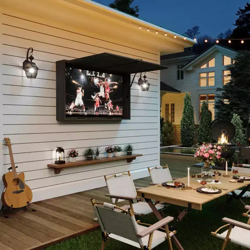 Custodia per TV da esterni da 55 pollici, copertura per TV resistente alle intemperie in legno massello con supporto regolabile 4D e sportello pieghevole (adatta a TV da 44-55 pollici)
