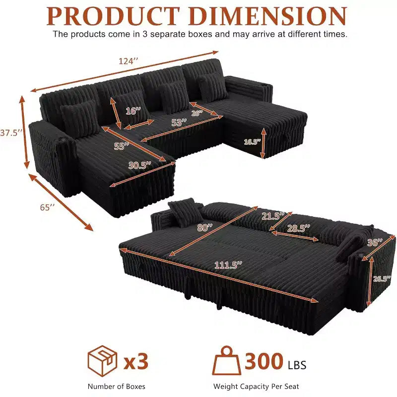 MooxvMoo Divano letto a U 124" con contenitore, divano convertibile di grandi dimensioni con letto estraibile, schienale regolabile, porte USB e portabicchieri, nero