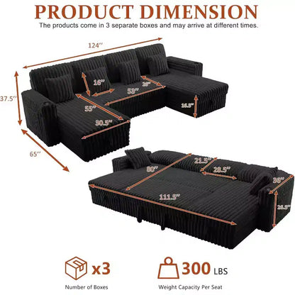 MooxvMoo Divano letto a U 124" con contenitore, divano convertibile di grandi dimensioni con letto estraibile, schienale regolabile, porte USB e portabicchieri, nero