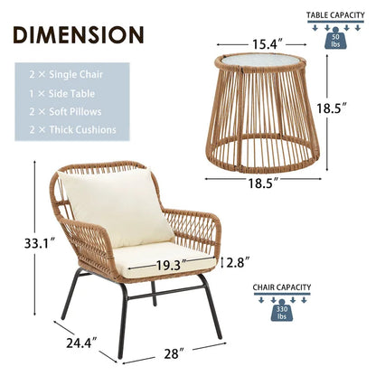 Set da Bistrot da Esterno in Rattan da 3 Pezzi, Set di Mobili da Giardino con Tavolo in Vetro e 2 Ampie Poltrone, Cuscini Inclusi