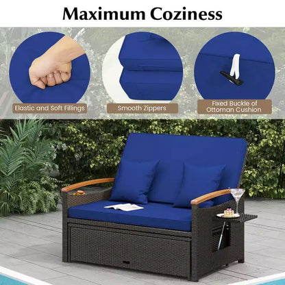 Set divano letto in rattan per esterni Costway con divanetto imbottito e poggiapiedi contenitore per veranda Beige/Blu marino/Rosso/Turchese/Nero/Grigio