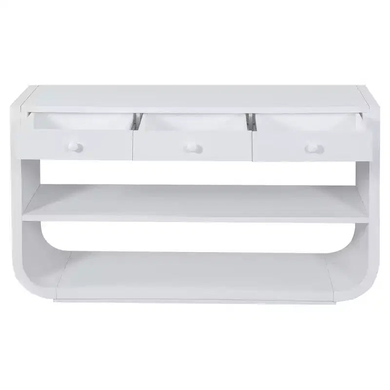 ModernLuxe Tavolo curvo da ingresso, Tavolo consolle, Tavolino da divano, Espositore, Tavolino d'appoggio con 3 cassetti a chiusura ammortizzata e 2 ripiani aperti