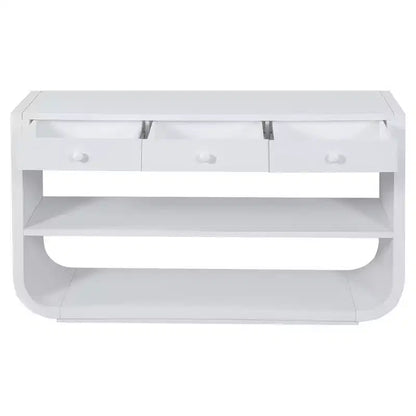 ModernLuxe Tavolo curvo da ingresso, Tavolo consolle, Tavolino da divano, Espositore, Tavolino d'appoggio con 3 cassetti a chiusura ammortizzata e 2 ripiani aperti