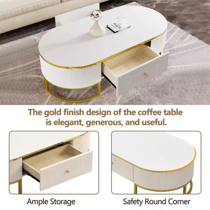 Tavolino da Caffè Moderno 47W, Tavolino da Salotto, Tavolino Centrotavola, Tavolino d'Appoggio con Cassetti, Design dal Profilo Curvo, Gambe in Metallo Dorato, Ovale, Bianco+Oro-ModernLuxe
