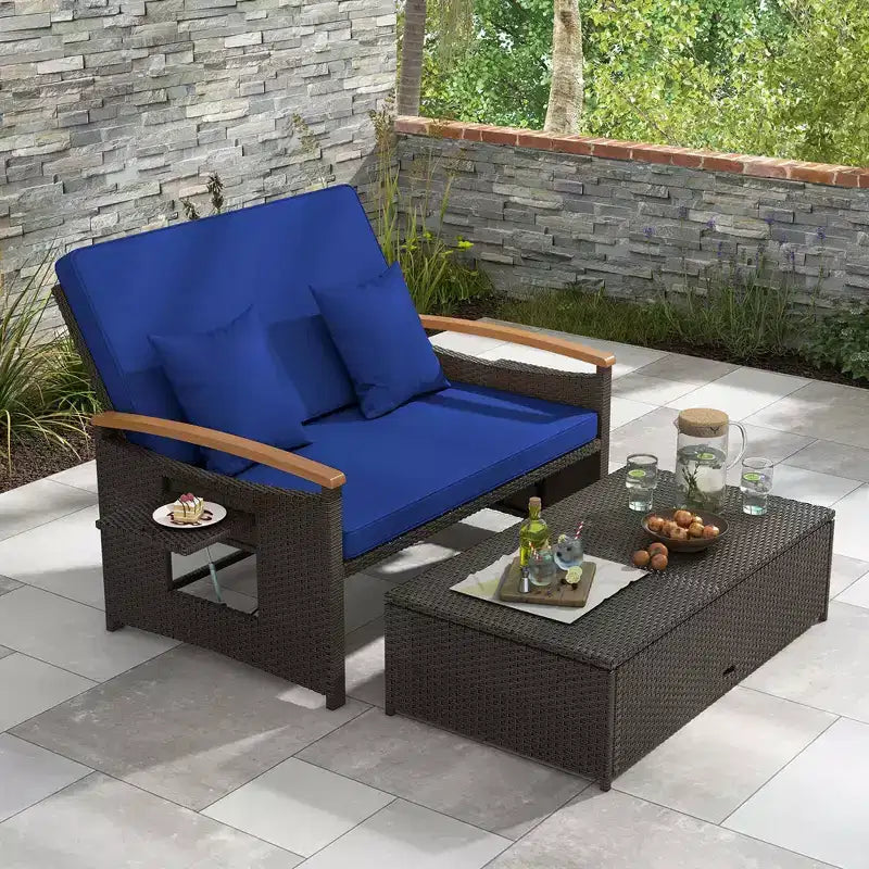 Set divano letto in rattan per esterni Costway con divanetto imbottito e poggiapiedi contenitore per veranda Beige/Blu marino/Rosso/Turchese/Nero/Grigio
