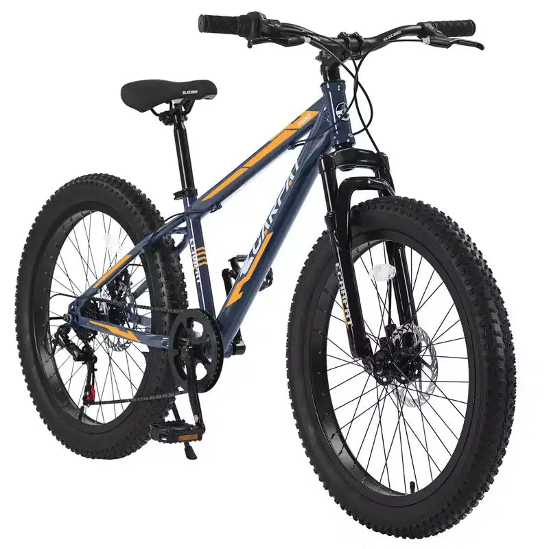 Vélo Okak 24 pouces Fat Tire avec suspension avant, VTT 7 vitesses avec frein à disque et cadre en acier à haute teneur en carbone, Vélo de randonnée pour les trajets quotidiens