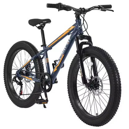 Vélo Okak 24 pouces Fat Tire avec suspension avant, VTT 7 vitesses avec frein à disque et cadre en acier à haute teneur en carbone, Vélo de randonnée pour les trajets quotidiens