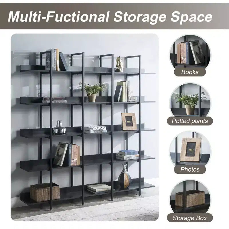 Étagère de style industriel vintage Whisen avec cadre en métal et panneau MDF, bibliothèque ouverte pour le bureau à domicile
