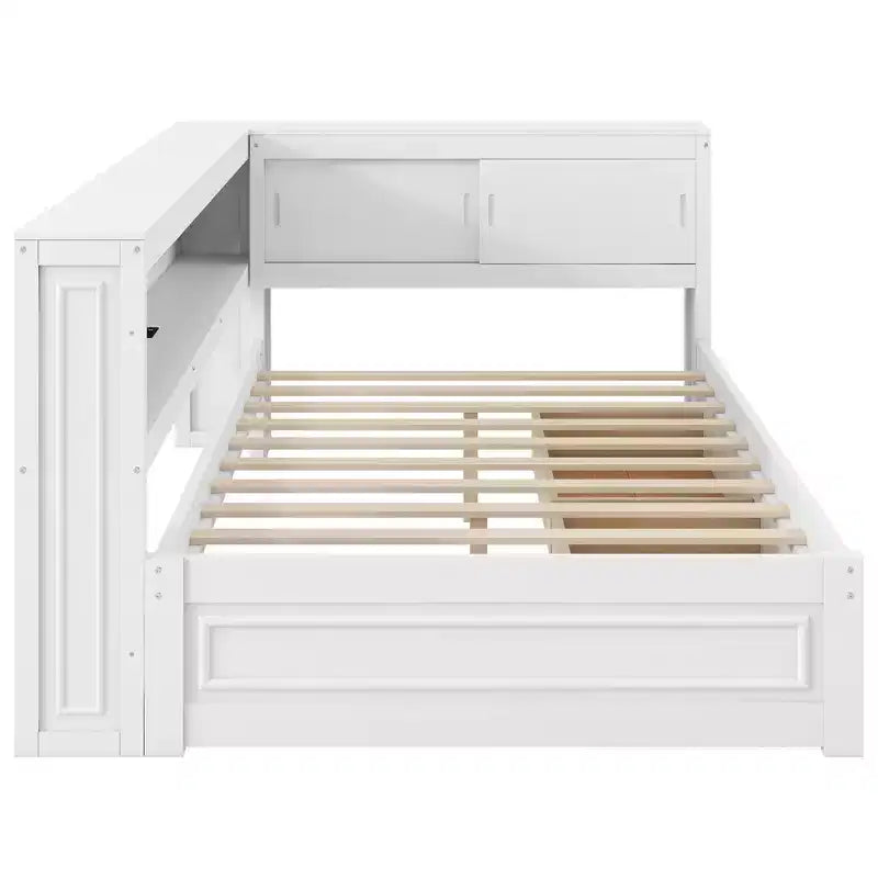 Letto angolare a grandezza naturale con cassetti portaoggetti, libreria, struttura letto a giorno in legno a forma di L con testiera a libreria per soggiorno