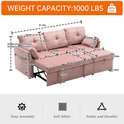 Divano Sezionale a L con Chaise Reversibile, Rivestimento in Velluto a Coste/Ciniglia, con Bracciolo Portaoggetti e Tasca Laterale