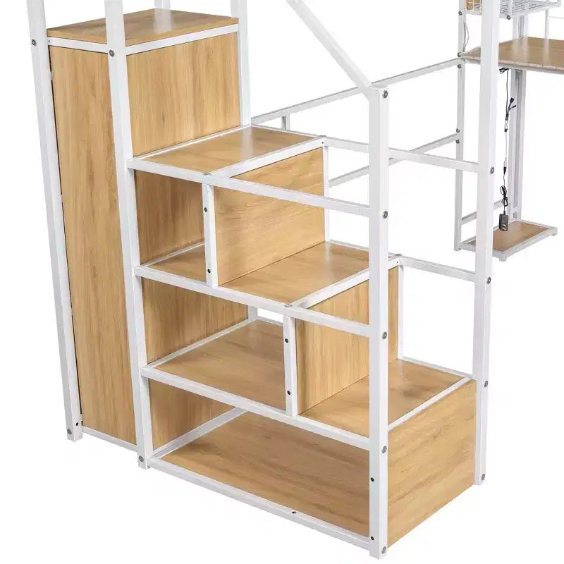 Lit mezzanine en métal Whisen 94''L x 40.9''W avec poste de travail intégré, armoire, escalier de rangement et LED, sécurité garantie