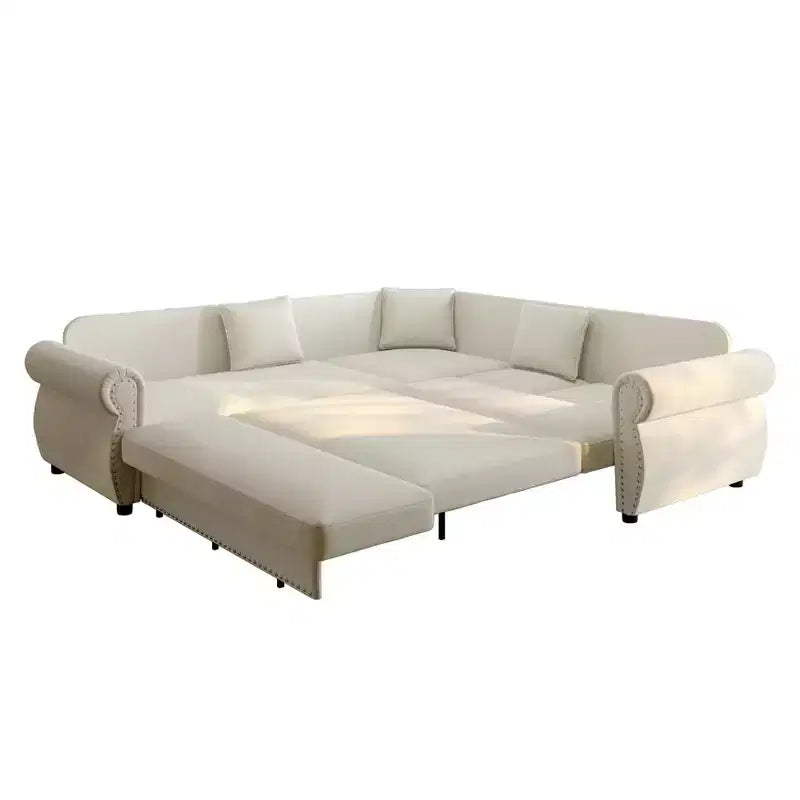Canapé convertible d'angle 5 places Homy Casa 88 avec lit gigogne, revêtement chenille, beige