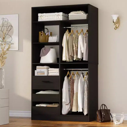 Organisateur de placard avec tiroirs en bois, système de rangement autoportant avec tringles de suspension