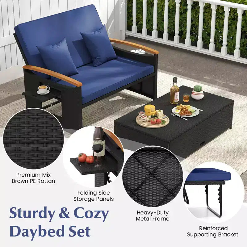 Set divano letto in rattan per esterni Costway con divanetto imbottito e poggiapiedi contenitore per veranda Beige/Blu marino/Rosso/Turchese/Nero/Grigio