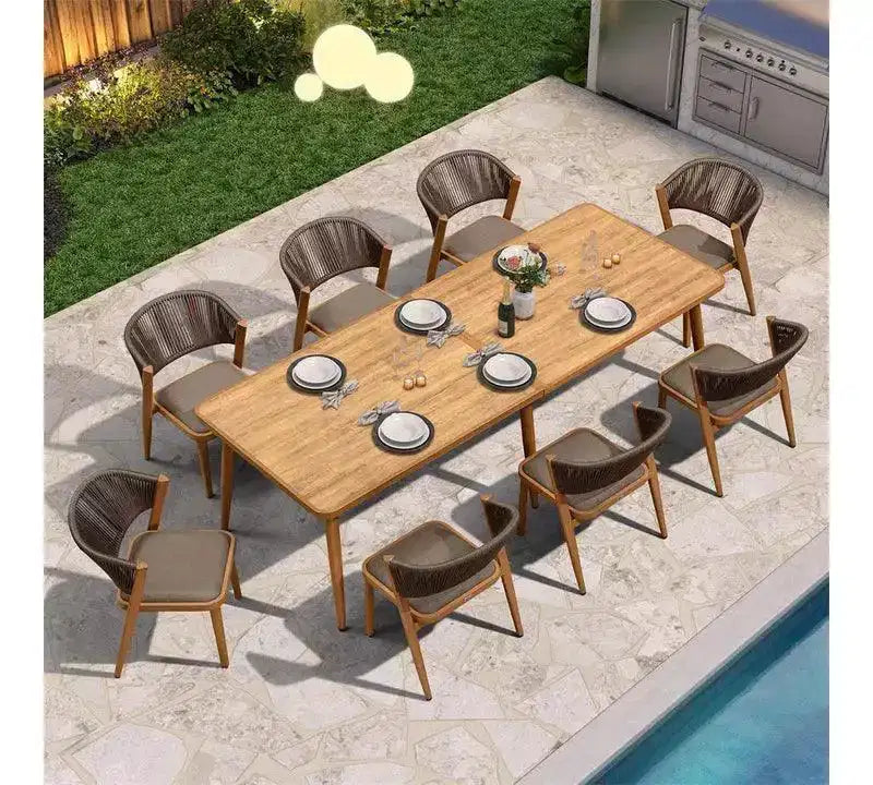 Ensemble de salle à manger d'extérieur PURPLE LEAF en osier tout temps avec table, cadre entièrement en aluminium pour pelouse, jardin, terrasse avec coussins