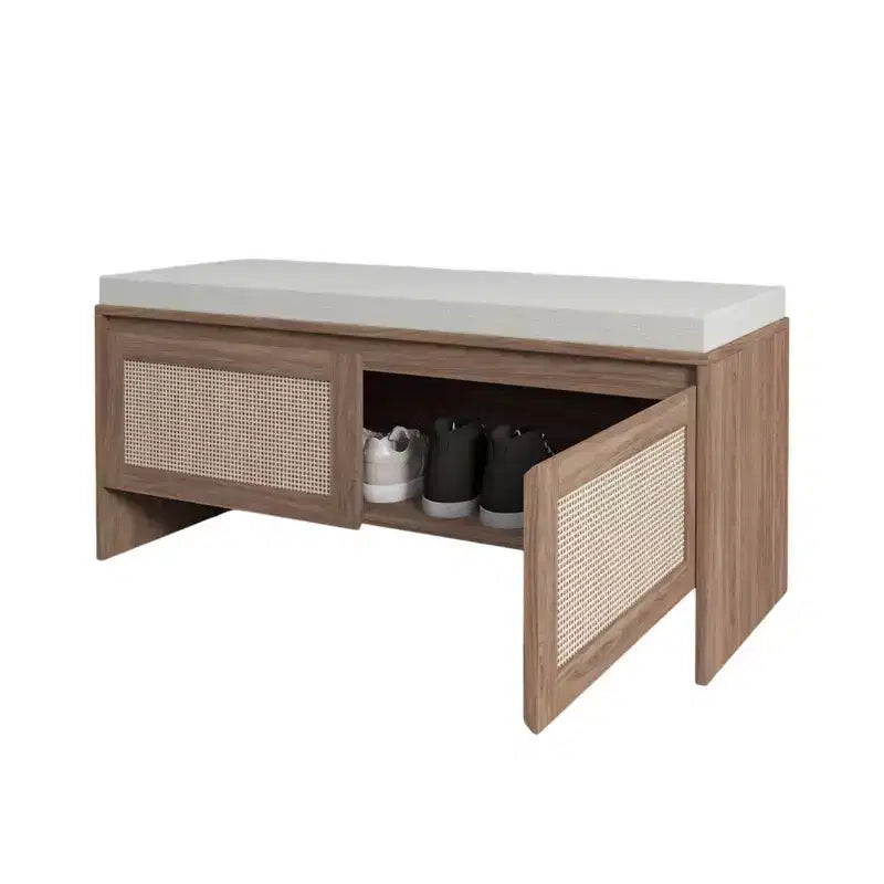 Panca portascarpe FurnitureR in rattan con cuscino, scarpiera compatta con ante per ingresso, organizer per piccoli spazi, scarpiera nascosta con seduta