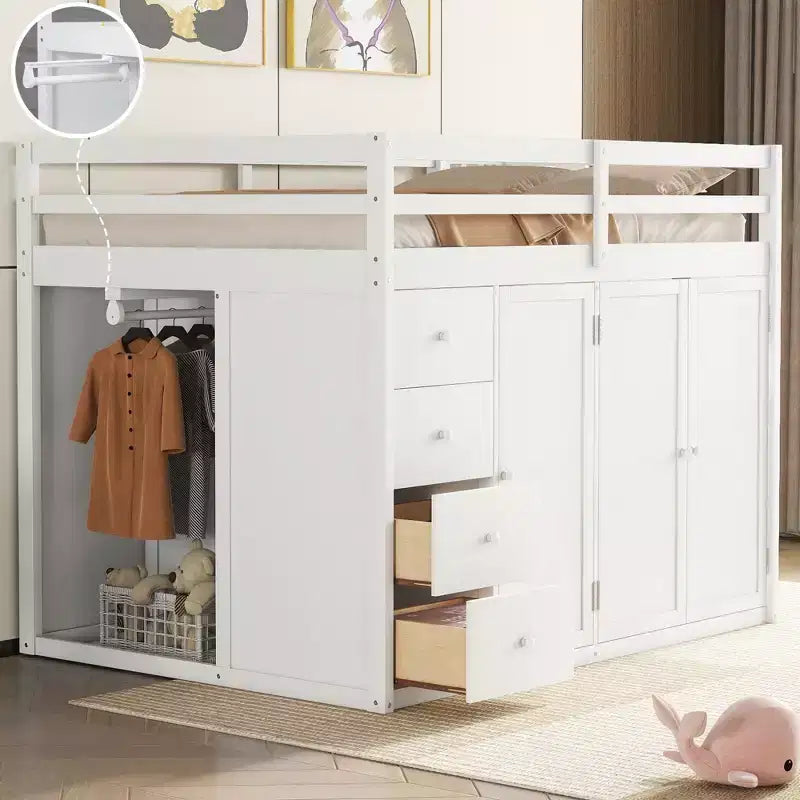 Letto a soppalco intero in pile orsetto con mensola portaoggetti e cassetti, letto a soppalco alto in legno con scrivania versatile per camera da letto