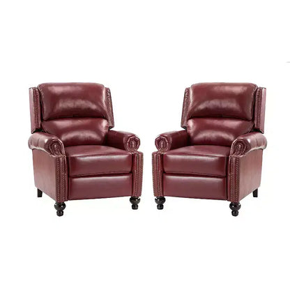 Ensemble de 2 fauteuils inclinables modernes en cuir véritable Elisabete avec garniture cloutée vintage pour salon et chambre à coucher | ART OF LIVING DESIGNS