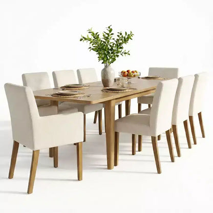 Set da pranzo da 9 pezzi con prolunga, include 6 sedie senza braccioli e 2 poltrone in lino neutro, gambe in legno massello, stile moderno-Panipeachy